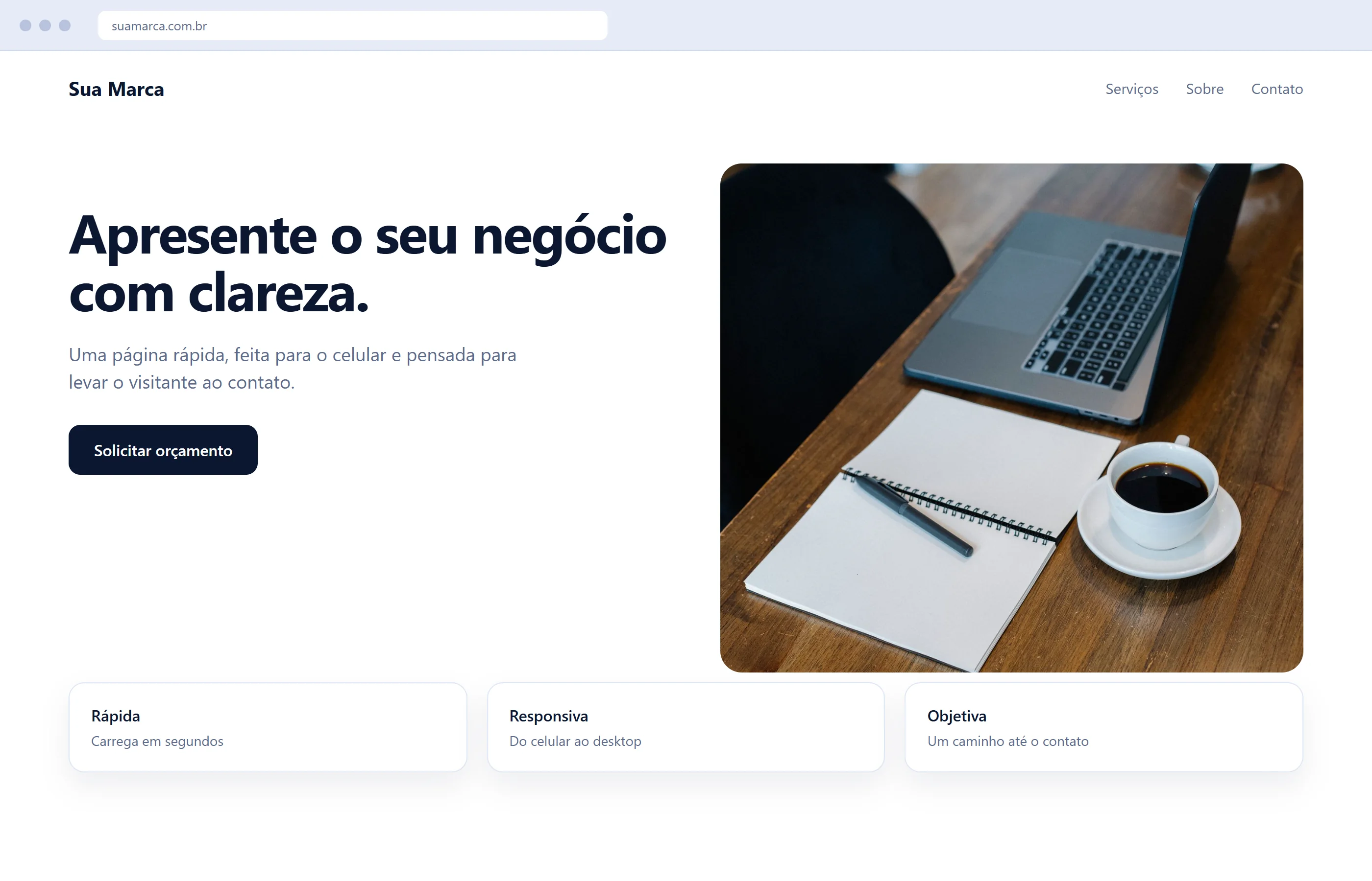 Interface demonstrativa de uma landing page aberta em uma janela de navegador